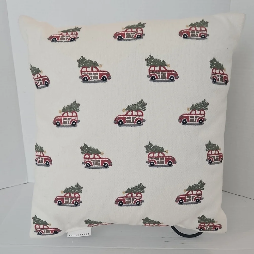 Pottery Barn Festive Red Mini Woody Car Green Trees Holiday Crewel Pillow